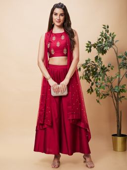 Globus - Women Pink Festive Co-Ord With Embroidered Top, Palazzo & Shrug (Set of 3)