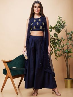 Globus - Women Blue Festive Co-Ord With Embroidered Top, Palazzo & Shrug (Set of 3)