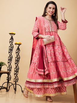 Globus - Women Pink Gotta Patti & Allover Printed Pleated Tiered Anarkali Kurta With Sharara & Dupatta