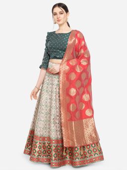 PURVAJA - Women Jacquard Woven Design Stitched Lehenga & Unstitched Blouse With Dupatta (Set of 3)