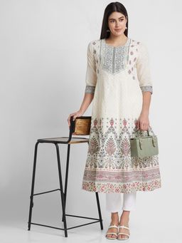 Globus - Women Off White Printed Round Neck Anarkali Kurta