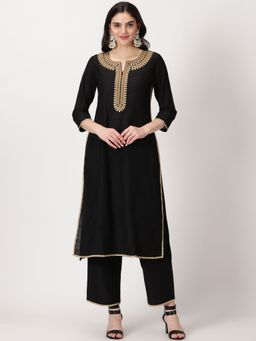 Saffron Threads - Black Art Silk Kurta With Embroidery & Lace Details (Set of 2)