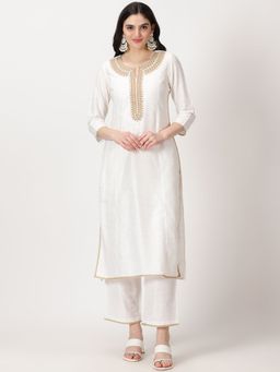 Saffron Threads - White Art Silk Kurta With Embroidery & Lace Details (Set of 2)