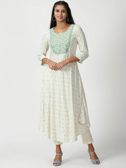 Saffron Threads - Off White Printed A-Line Kurta With Mirror Work