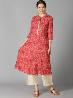 Saffron Threads - Coral Bandhani Print Rayon Kurta With Gota Lace Details