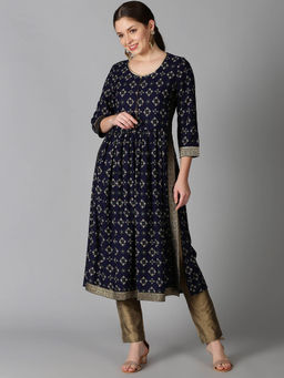 Saffron Threads - Navy Blue Bandhani Printed Kurta With Brocade Lace