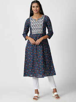 Saffron Threads - Blue Cotton Floral Printed A-Line Kurta With Lucknowi Chikankari Embroidery