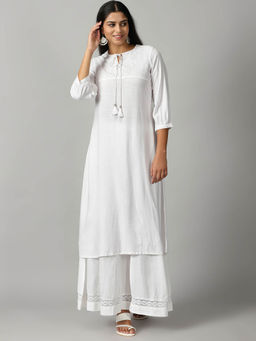 Saffron Threads - White Rayon Slub Kurta With Self Embroidered Yoke