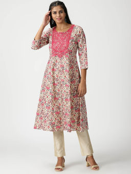 Saffron Threads - Cream Floral Printed Cotton Kurta With Yoke Embroidery