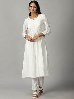 Saffron Threads - Off White Rayon Dobby A-Line Kurta With Self Embroidered Yoke