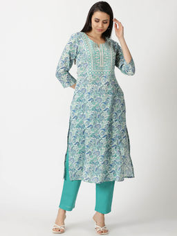 Saffron Threads - White & Sea Green Floral Print Kurta With Yoke Embroidery