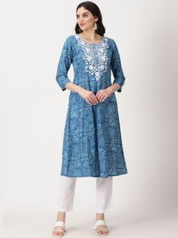 Saffron Threads - Blue Floral Print Cotton Kurta With Chikankari Yoke Embroidery