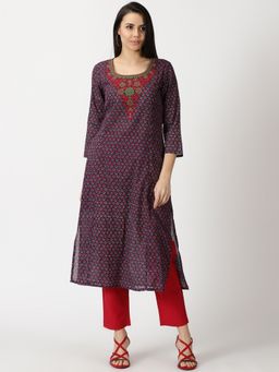 Saffron Threads - Navy Blue Floral Print Cotton Kurta With Embroidered Neck
