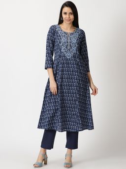 Saffron Threads - Navy Blue Ethnic Floral Print A-Line Kurta With Embroidered Neck