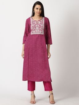 Saffron Threads - Wine Leheriya Print Kurta With Lucknowi Chikankari Embroidery
