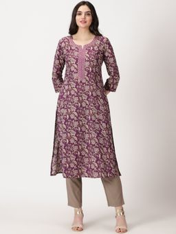 Saffron Threads - Purple Ethnic Floral Print Cotton Kurta With Neck Mirror Embroidery