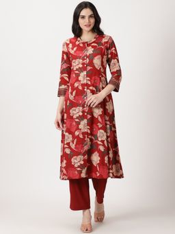 Saffron Threads - Maroon Floral Print Cotton Button-Down Kurta