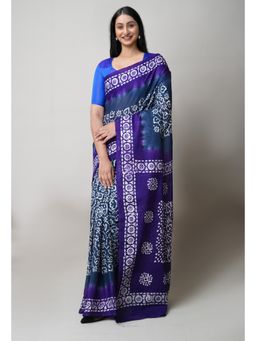 Unnati Silks - Bluish Grey & Navy Blue Pure Hand Batik Printed Cotton Saree with Unstitched Blouse