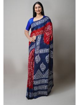 Unnati Silks - Maroon & Navy Blue Pure Hand Batik Printed Cotton Saree with Unstitched Blouse