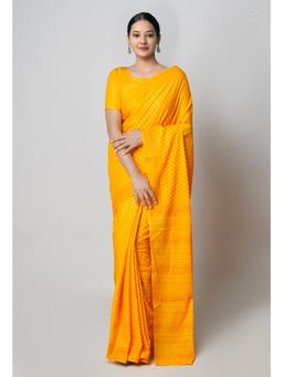 Unnati Silks - Yellow Pure Floral Block Printed Superfine Mulmul Cotton Saree with Unstitched Blouse