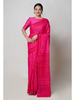Unnati Silks - Pink Pure Floral Block Printed Superfine Mulmul Cotton Saree with Unstitched Blouse
