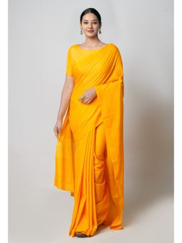 Unnati Silks - Yellow Pure Floral Block Printed Superfine Mulmul Cotton Saree with Unstitched Blouse