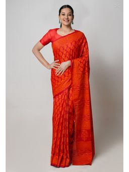 Unnati Silks - Red Pure Floral Block Printed Superfine Mulmul Cotton Saree with Unstitched Blouse