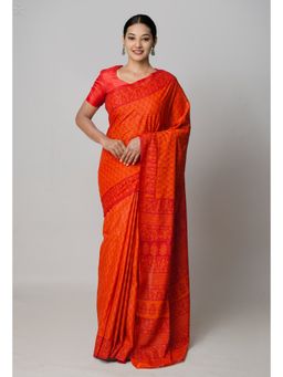 Unnati Silks - Red Pure Floral Block Printed Superfine Mulmul Cotton Saree with Unstitched Blouse