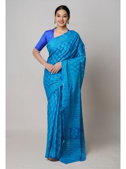 Unnati Silks - Blue Pure Floral Block Printed Superfine Mulmul Cotton Saree with Unstitched Blouse