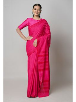 Unnati Silks - Pink Pure Floral Block Printed Superfine Mulmul Cotton Saree with Unstitched Blouse