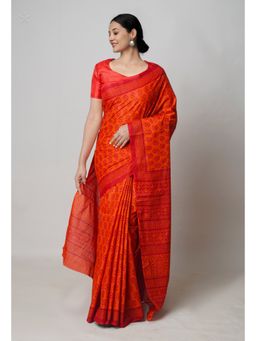 Unnati Silks - Red Pure Floral Block Printed Superfine Mulmul Cotton Saree with Unstitched Blouse