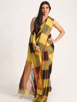 Angoshobha - Yellow & Black Traditional Check Linen Handloom Saree with Unstitched Blouse