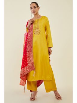 Soch - Women Mustard Chanderi Embellished/Sequined Dress Material (Set of 3)