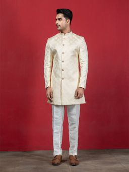 EKYAA - Men Woven Design Ethnic Motif Jacquard Mandarin Collar Cream Kurta with Pant