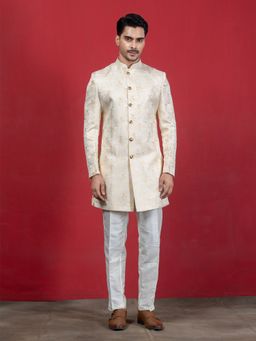 EKYAA - Men Woven Design Ethnic Motif Jacquard Mandarin Collar Cream Kurta with Pant