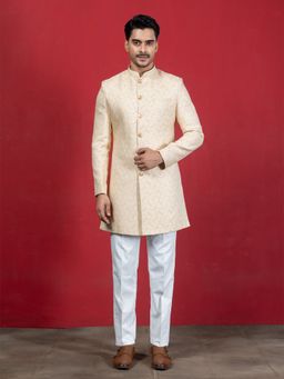 EKYAA - Men Woven Design Embroidered Mandarin Collar Beige Kurta with Pant