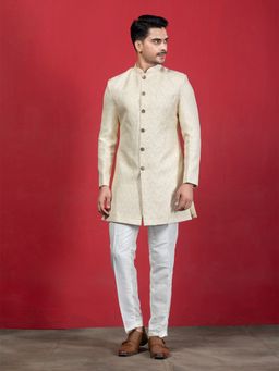 EKYAA - Men Woven Design Embroidered Mandarin Collar Cream Kurta with Pant
