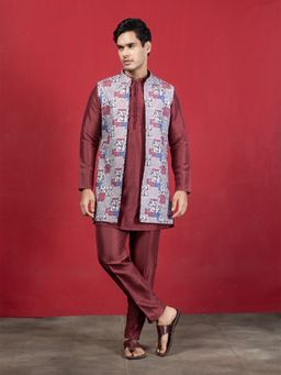 EKYAA - Men Knitted Printed Maroon Kurta with Pant and Jacket