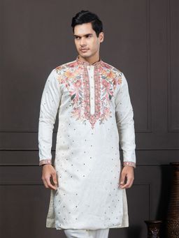 EKYAA - Men Off white Floral Embroidery Off White Kurta