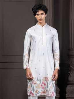 EKYAA - Men Woven Design Floral Printed White Kurta