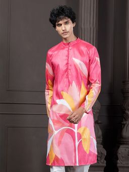 EKYAA - Men Woven Design Floral Printed Pink Kurta