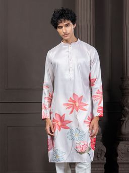 EKYAA - Men Woven Design Floral Printed Off White Kurta