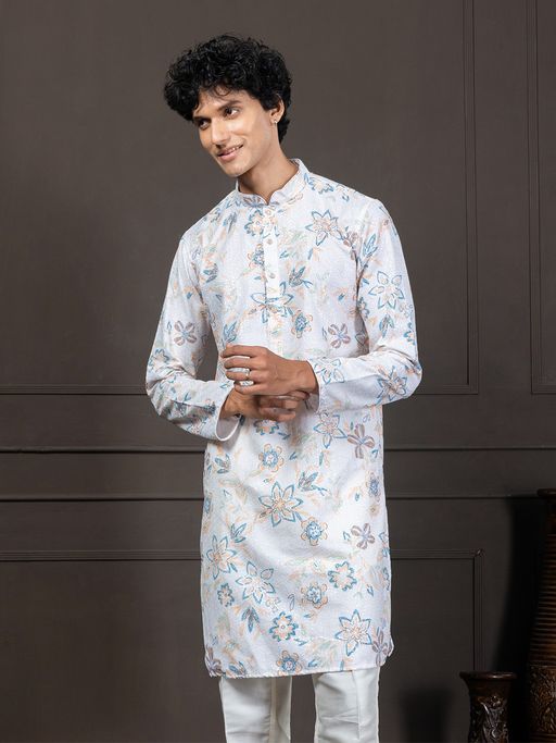 EKYAA Floral Digital Print Sequin Embroidery Blue Kurta
