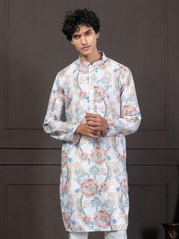 EKYAA - Floral Digital Print Sequin Embroidery White Kurta