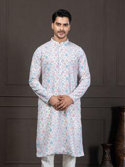 EKYAA - Georgette Multicolour Floral Embroidered White Kurta