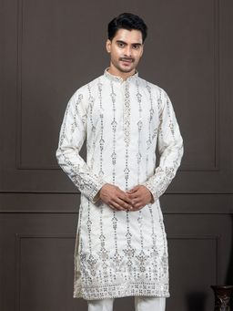 EKYAA - Geometric Pattern Embroidered Gold Sequence Off White Kurta