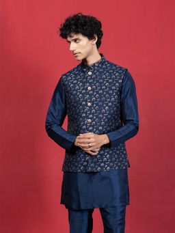 EKYAA - Mandarin Collar Long Sleeves Regular Blue Kurta With Jacket