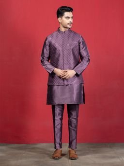EKYAA - Mandarin Collar Long Sleeves Regular Mauve Kurta with Pant and Jacket