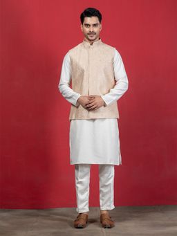 EKYAA - Mandarin Collar Long Sleeves Regular Peach Kurta with Pant and Jacket