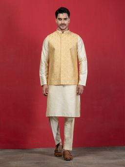 EKYAA - Mandarin Collar Long Sleeves Regular Gold Kurta with Pant and Jacket